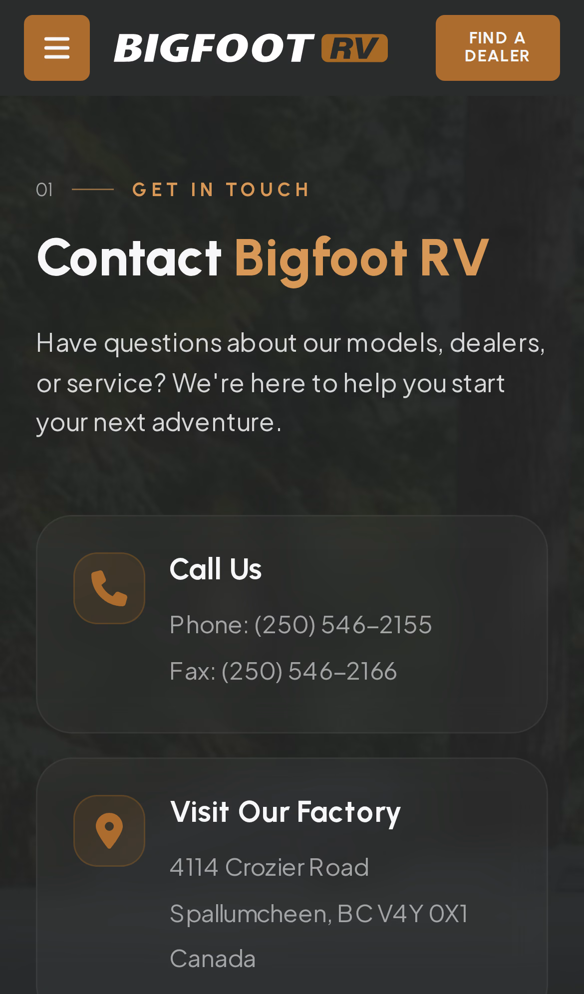 Bigfoot RV contact page (mobile)